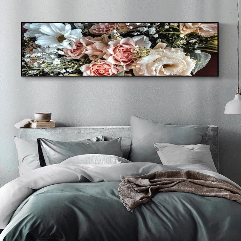 120x50cm Panoramik Kanvas Tuval Tablo İlkbahar Çiçekleri Kod: P2006 Altın Metal Çerçeve-