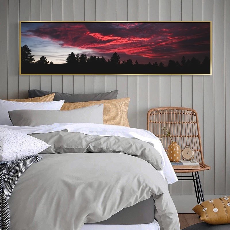 120x50cm Panoramik Kanvas Tuval Tablo Günbatımı Bulutları Kod: P2008 Altın Metal Çerçeve-