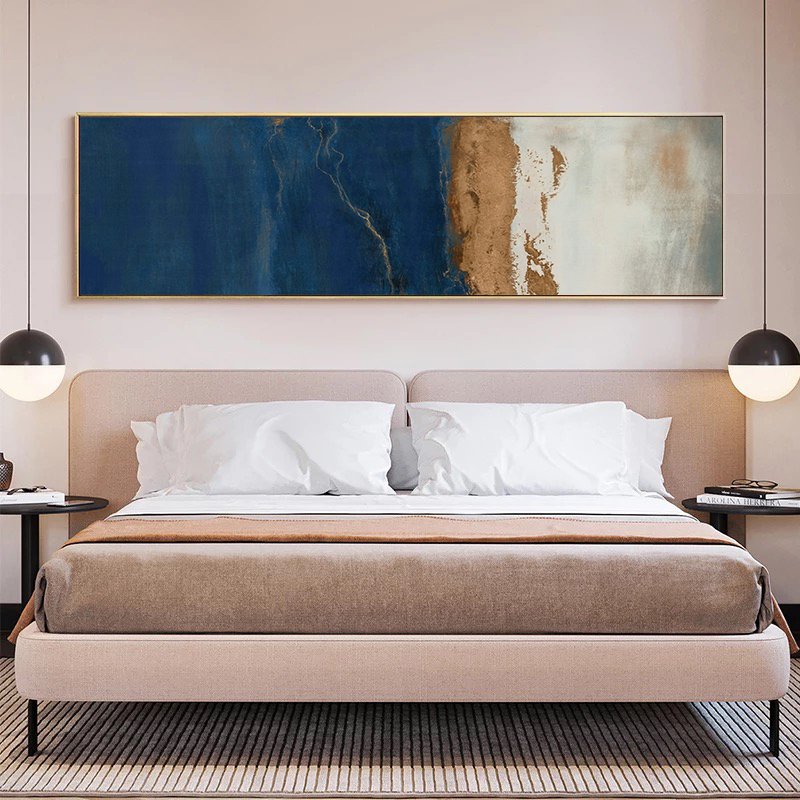 120x50cm Panoramik Kanvas Tuval Tablo Gold&Mavi Soyut Kod: P029 Altın Metal Çerçeve-