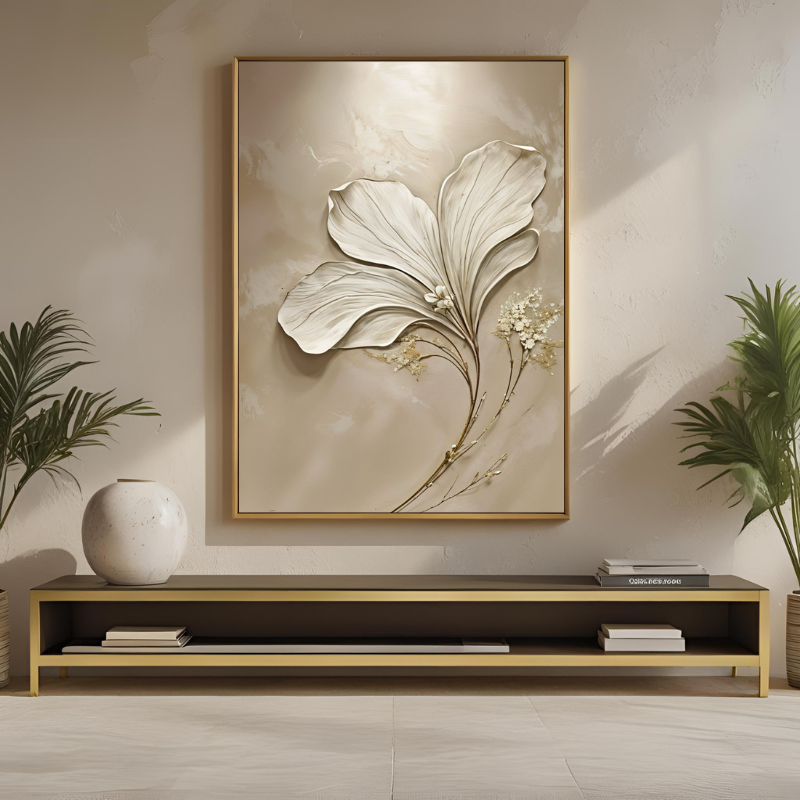 Yağlı Boya Dokulu Kabartmalı Krem Modern Çiçek Tablo