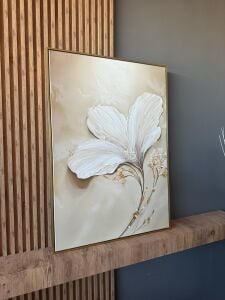 Yağlı Boya Dokulu Kabartmalı Krem Modern Çiçek Tablo