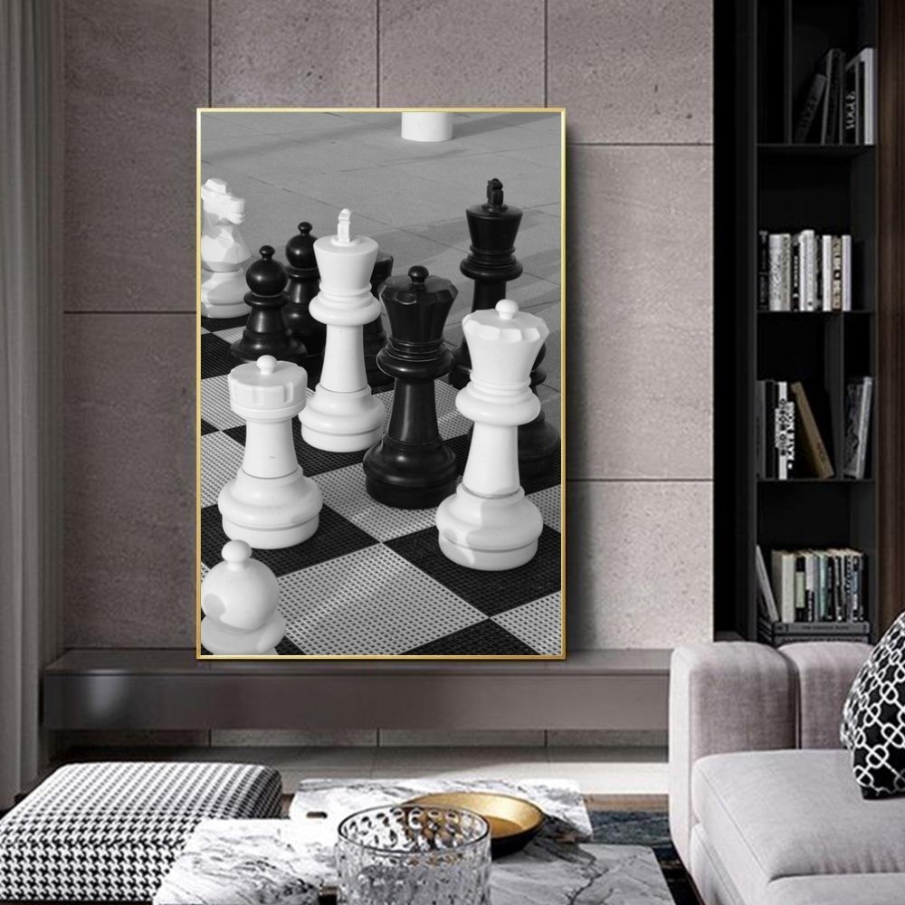 Satranç  Kanvas Tuval Tablo Satranç Kod: S0006 90x90cm Kanvas Tablo - Altın Metal Çerçeve-