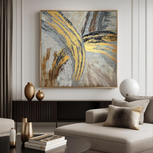 Yağlı Boya Dokulu Kabartmalı Altınlı Soyut Tablo 90x90cm