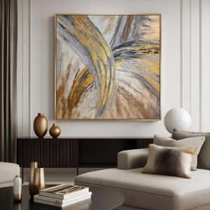 Yağlı Boya Dokulu Kabartmalı Altınlı Soyut Tablo 90x90cm