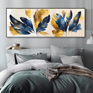 120x50cm Panoramik Kanvas Tuval Tablo Mavi Soyut Tüyler Kod: TLH95-K Altın Metal Çerçeve-