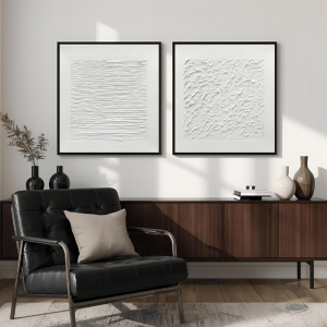 Yağlı Boya Dokulu Kabartmalı Beyaz Soyut İkili Set Tablo 70x70cm