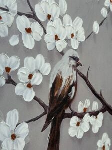 Yağlı Boya Dokulu Kabartmalı Bahar Dalları ve Kuşlar Tablo