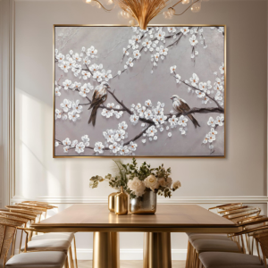 Yağlı Boya Dokulu Kabartmalı Bahar Dalları ve Kuşlar Tablo