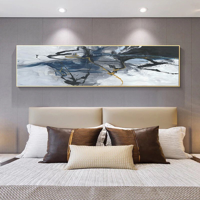 120x50cm Panoramik Kanvas Tuval Tablo Gece Mavisi Soyut Kod: P037 Altın Metal Çerçeve-