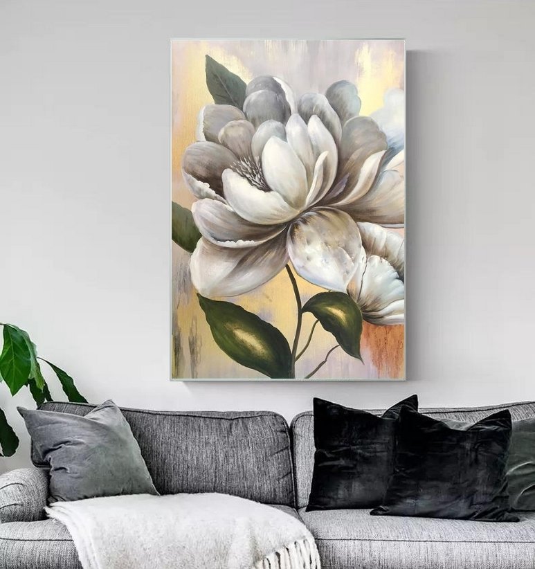 Kanvas Tuval Tablo Bej Çiçek Kod: EB002 90x90cm Kanvas Tablo - Altın Metal Çerçeve-
