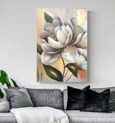 Kanvas Tuval Tablo Bej Çiçek Kod: EB002 90x90cm Kanvas Tablo - Altın Metal Çerçeve-