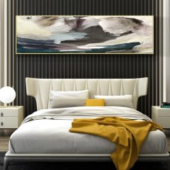 120x50cm Panoramik Kanvas Tuval Tablo Bej Soyut Kod: P040 Altın Metal Çerçeve-