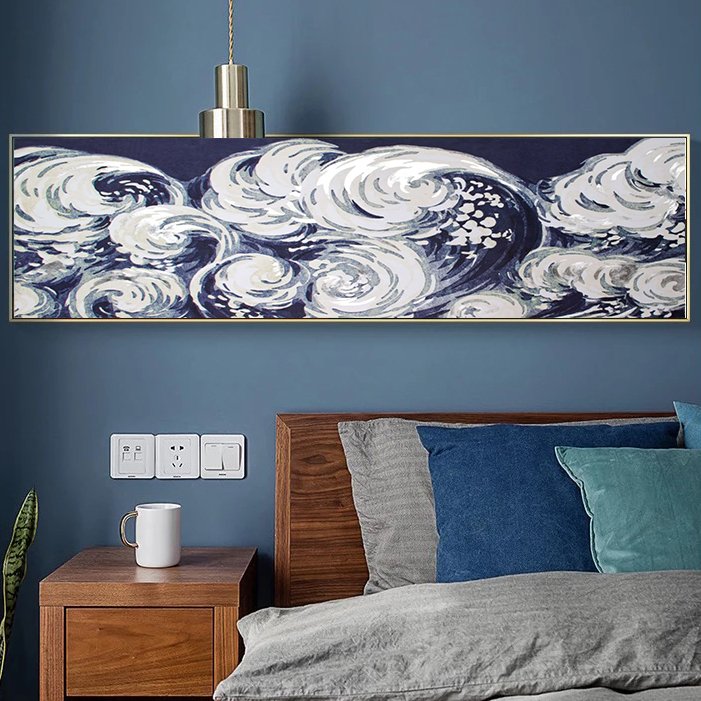 120x50cm Panoramik Kanvas Tuval Tablo Waves Kod: P046 Altın Metal Çerçeve-