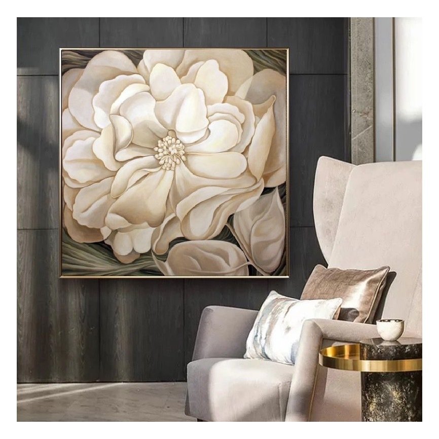 Kanvas Tuval Tablo Soft Gül Kod: K1297 90x90cm Kanvas Tablo - Altın Metal Çerçeve-