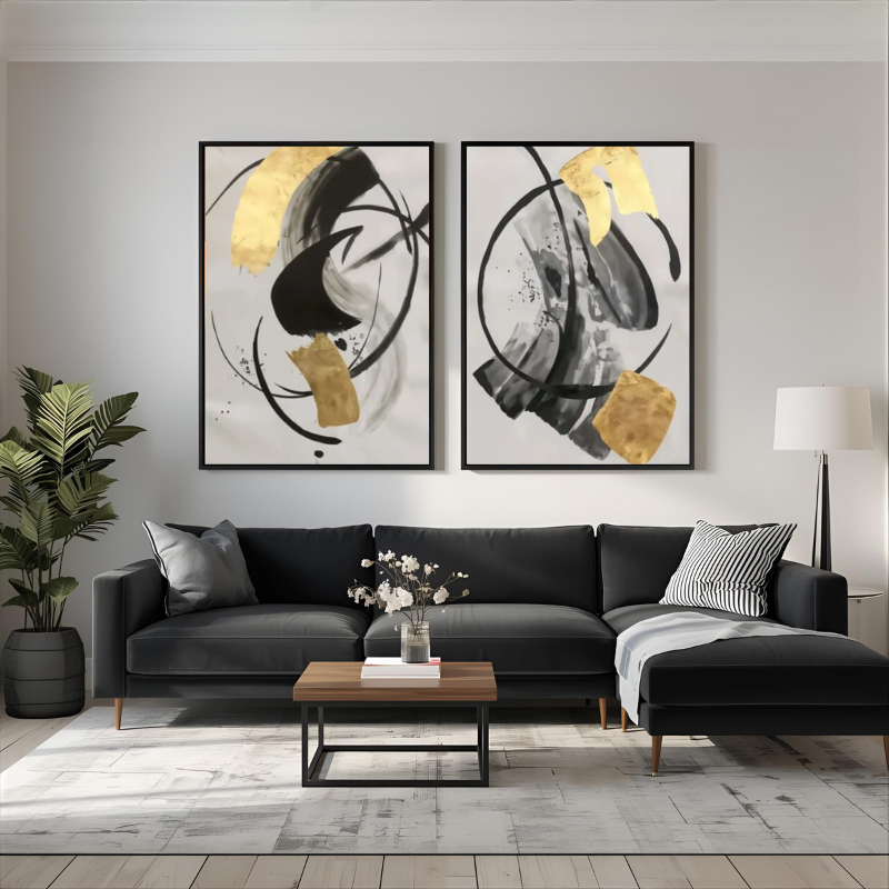 İkili Kanvas Tuval Tablo Gold Siyah Soyut Kod: EYL167