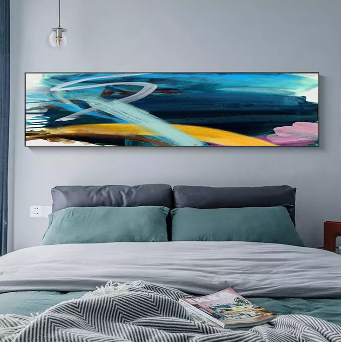 120x50cm Panoramik Kanvas Tuval Tablo Mavi Soyut Kod: P047 Altın Metal Çerçeve-