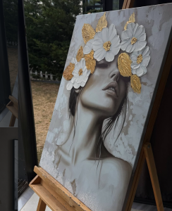 Yağlı Boya Dokulu Kabartmalı Çiçekli Zarif Kadın Tablo 70x100