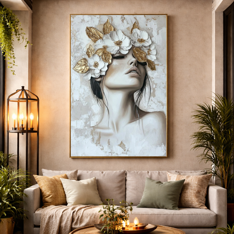 Yağlı Boya Dokulu Kabartmalı Çiçekli Zarif Kadın Tablo 70x100