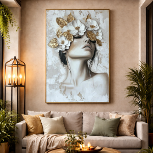 Yağlı Boya Dokulu Kabartmalı Çiçekli Zarif Kadın Tablo 70x100