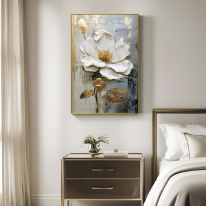 Yağlı Boya Dokulu Kabartmalı Gold Detaylı Krem Çiçek Tablo