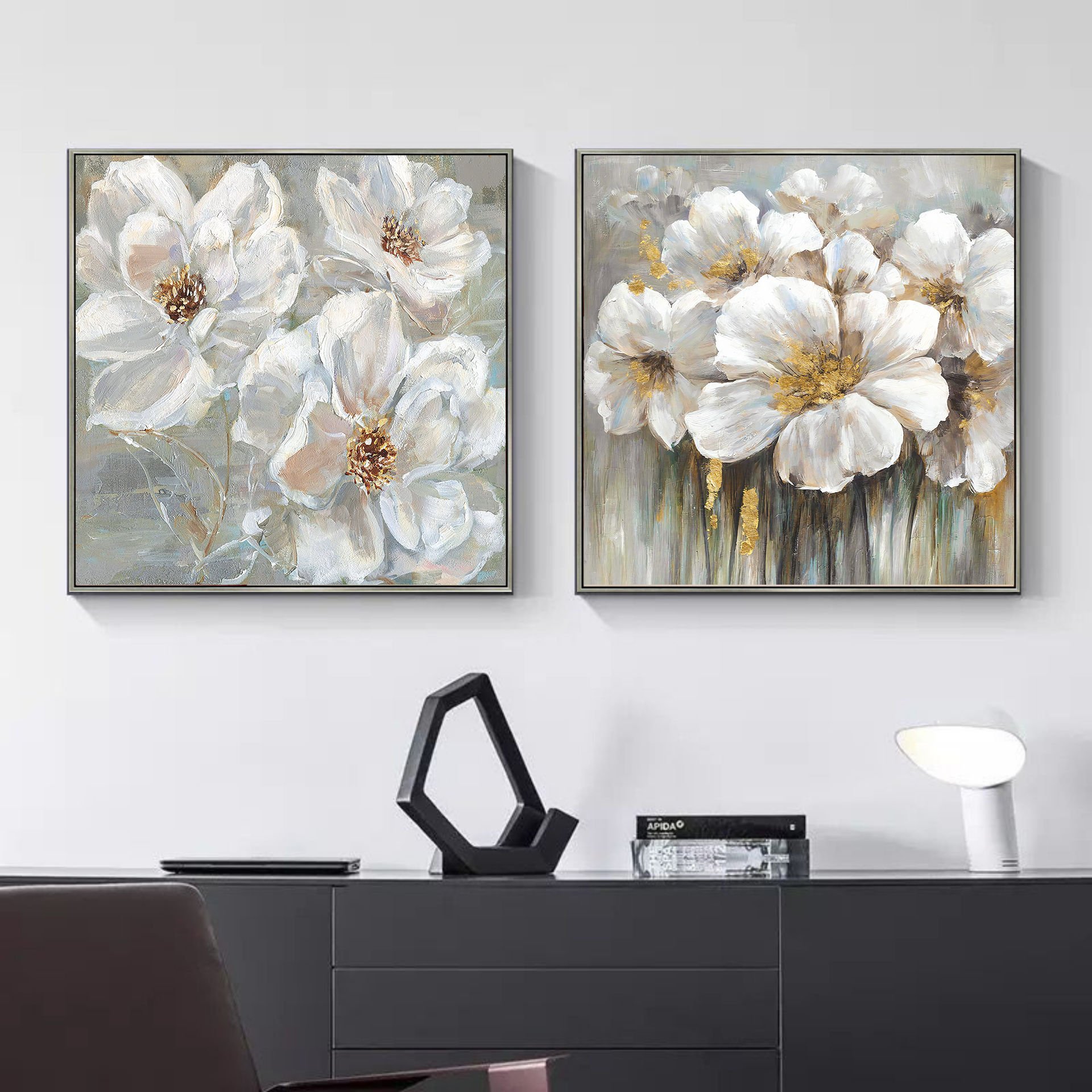 İkili Kanvas Tuval Tablo Gold Detaylı Çiçekler K896-6-K