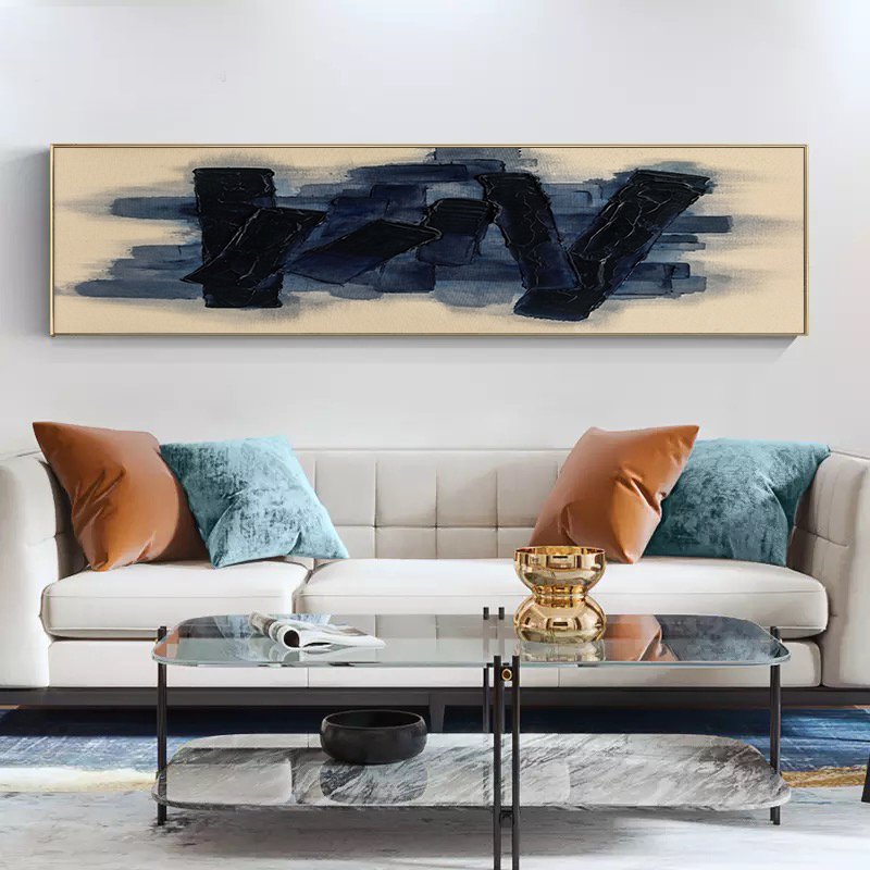 120x50cm Panoramik Kanvas Tuval Tablo Lacivert Soyut Kod: P050 Altın Metal Çerçeve-