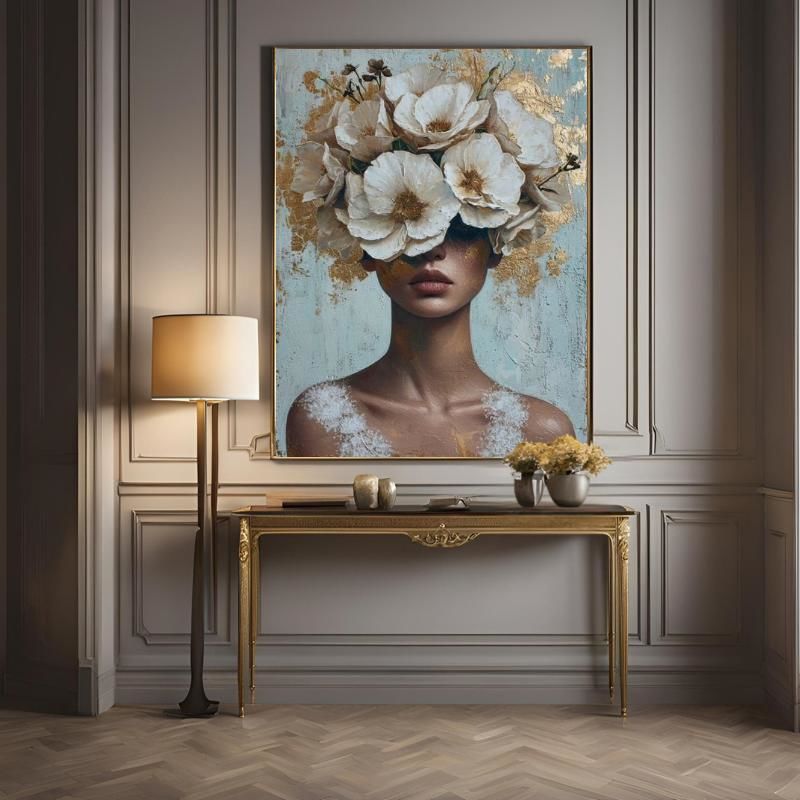 Yağlı Boya Dokulu Kabartmalı Çiçekli Kadın Tablo