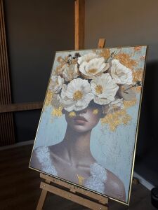 Yağlı Boya Dokulu Kabartmalı Çiçekli Kadın Tablo