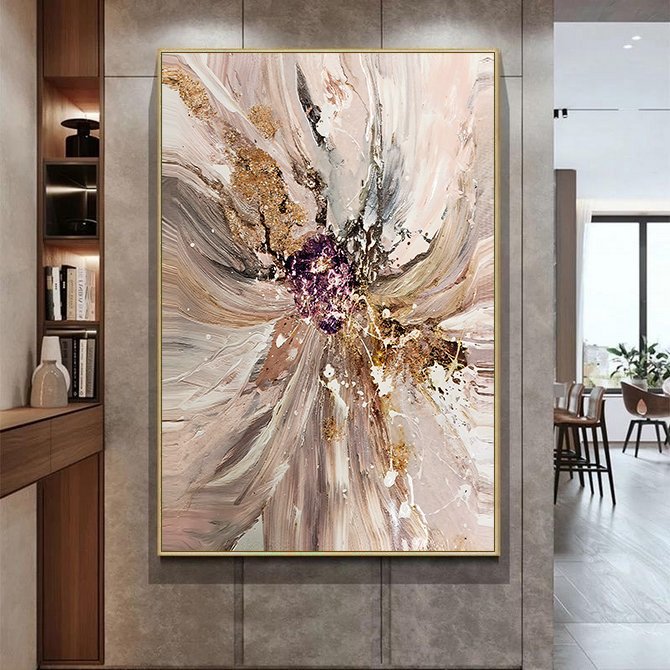 Kanvas Tuval Tablo Pembe Soyut Desenler Kod: K730 90x90cm Kanvas Tablo - Altın Metal Çerçeve-