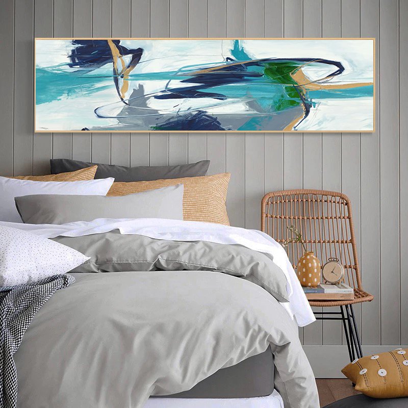 120x50cm Panoramik Kanvas Tuval Tablo Mavi Soyut Kod: P058 Altın Metal Çerçeve-