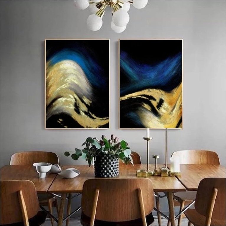 İkili Kanvas Tuval Tablo Gold&Blue Wave Kod: YR6582-K