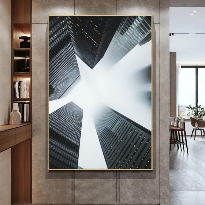 Kanvas Tuval Tablo Gökdelenler Kod: SR1003 90x90cm Kanvas Tablo - Altın Metal Çerçeve-