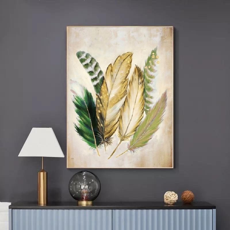 Kanvas Tuval Tablo Yeşil Modern Tüy Kod: LK748-K-3 90x90cm Kanvas Tablo - Altın Metal Çerçeve-