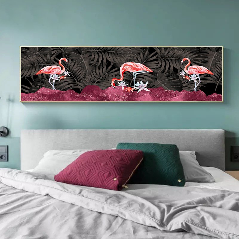 120x50cm Panoramik Kanvas Tuval Tablo Flamingolar Kod: P067 Altın Metal Çerçeve-