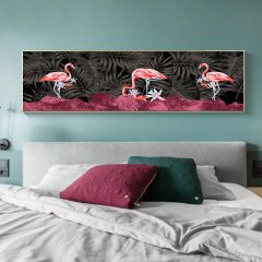120x50cm Panoramik Kanvas Tuval Tablo Flamingolar Kod: P067 Altın Metal Çerçeve-