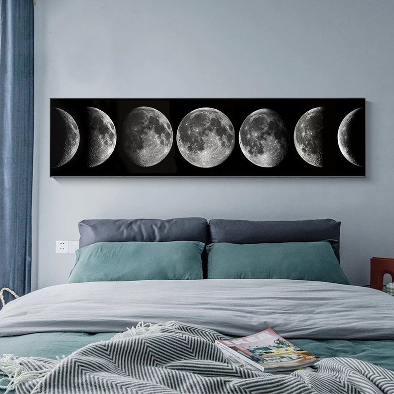 120x50cm Panoramik Kanvas Tuval Tablo Ay'ın Evreleri Kod: P068 Altın Metal Çerçeve-