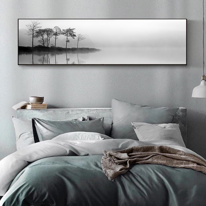 120x50cm Panoramik Kanvas Tuval Tablo Sisli Göl Kod: P069 Altın Metal Çerçeve-