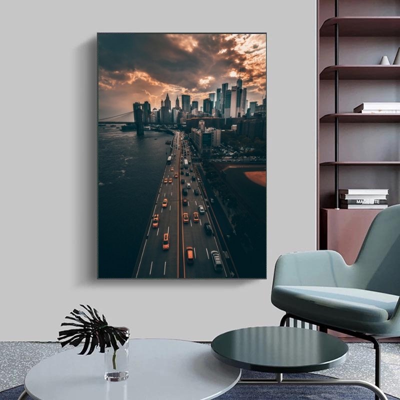 Kanvas Tuval Tablo Manhattan Madness Kod: SR1002 90x90cm Kanvas Tablo - Altın Metal Çerçeve-