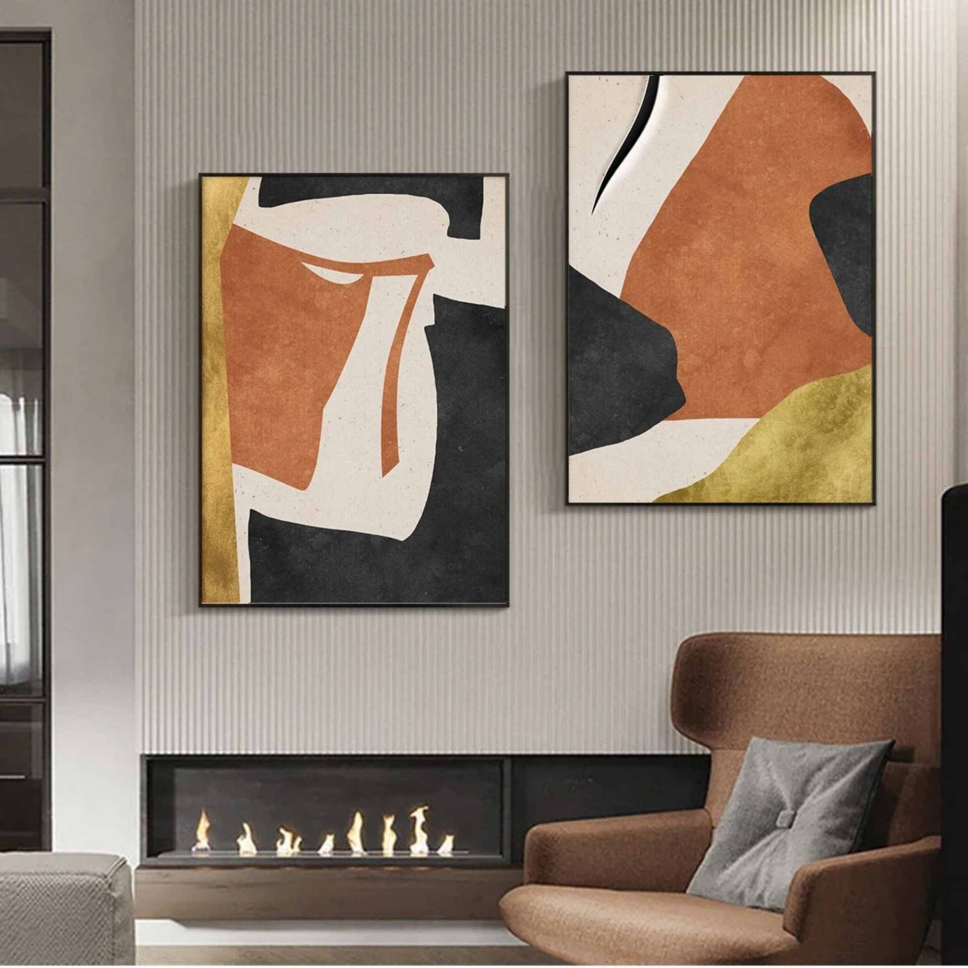 İkili Kanvas Tuval Tablo Turuncu Soyut CTN67-K