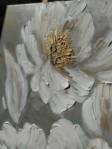 Yağlı Boya Dokulu Kabartmalı Altın Detaylı Çiçekler Tablo