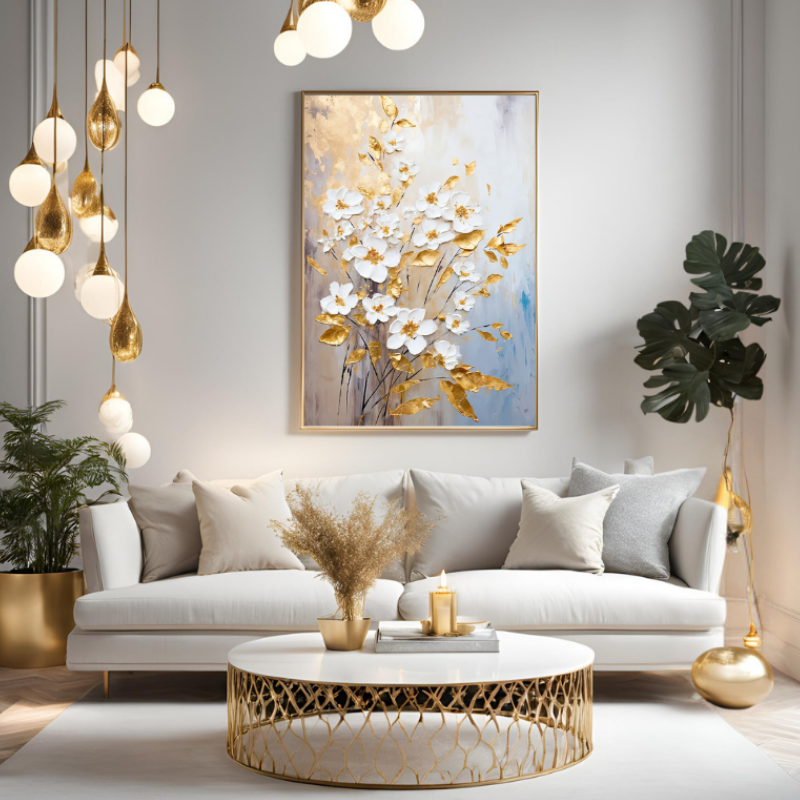 Yağlı Boya Dokulu Kabartmalı Altınlı Çiçekler Tablo