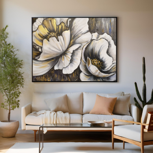 Yağlı Boya Dokulu Kabartmalı Soyut Gri Altın Şakayık Tablo