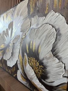 Yağlı Boya Dokulu Kabartmalı Soyut Gri Altın Şakayık Tablo