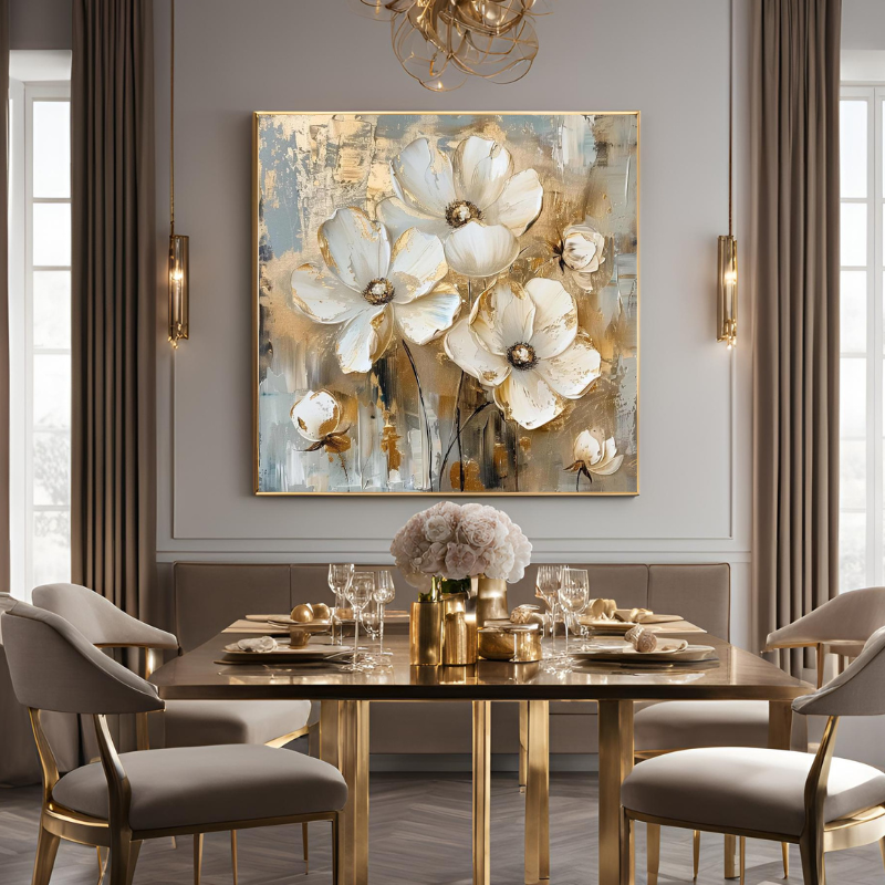Yağlı Boya Dokulu Kabartmalı Altınlı Çiçekler Tablo 90x90cm