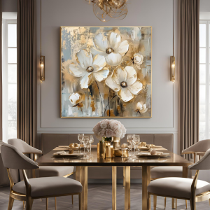 Yağlı Boya Dokulu Kabartmalı Altınlı Çiçekler Tablo 90x90cm