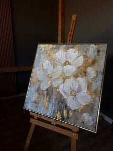 Yağlı Boya Dokulu Kabartmalı Altınlı Çiçekler Tablo 90x90cm