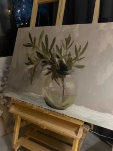 Yağlı Boya Dokulu Kabartmalı Vazoda Zeytin Yaprakları Tablo