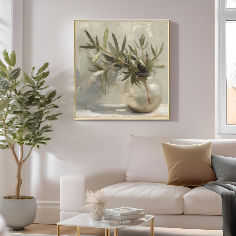 Yağlı Boya Dokulu Kabartmalı Vazoda Zeytin Yaprakları Tablo