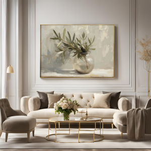 Yağlı Boya Dokulu Kabartmalı Vazoda Zeytin Yaprakları Tablo