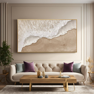 Yağlı Boya Dokulu Kabartmalı Kumsala Vuran Dalgalar Tablo 70x120cm